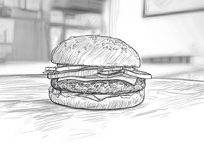 A realistic pencil sketch of a classic burger in black and white, showing detailed textures of a sesame bun, patty, cheese, and onions.