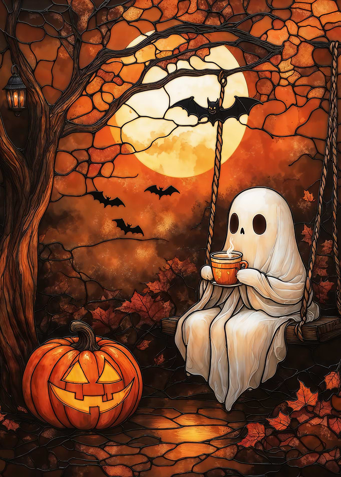 Stained Glass Ghost and Coffee Under the Moon