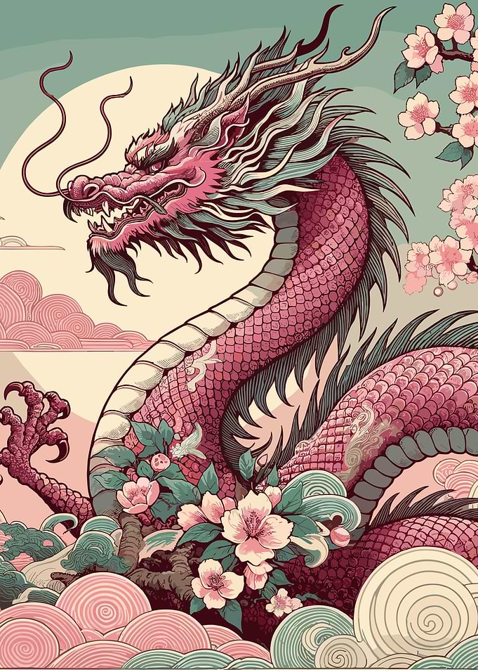Asian Pink Dragon with Cherry Blossoms