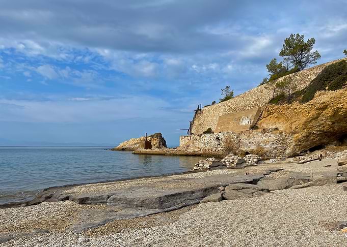 Greece: Coastal Stone Wall and Beach