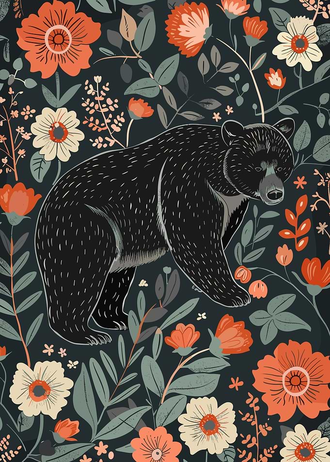 Black Bear in Floral Garden
