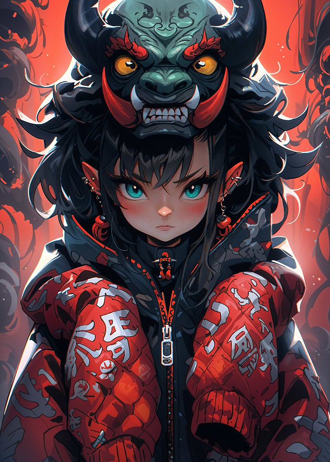 Anime Girl with Oni Mask