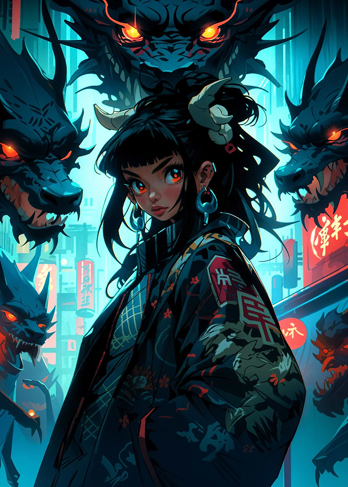 Anime Girl with Dragons