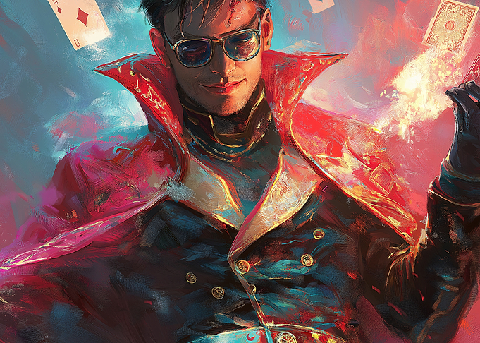 Man in Red Coat with Playing Cards