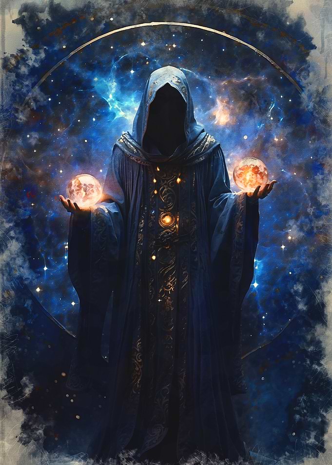 Mystical Figure with Orbs
