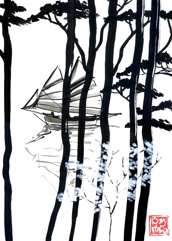 Ink Painting of Trees and Boat