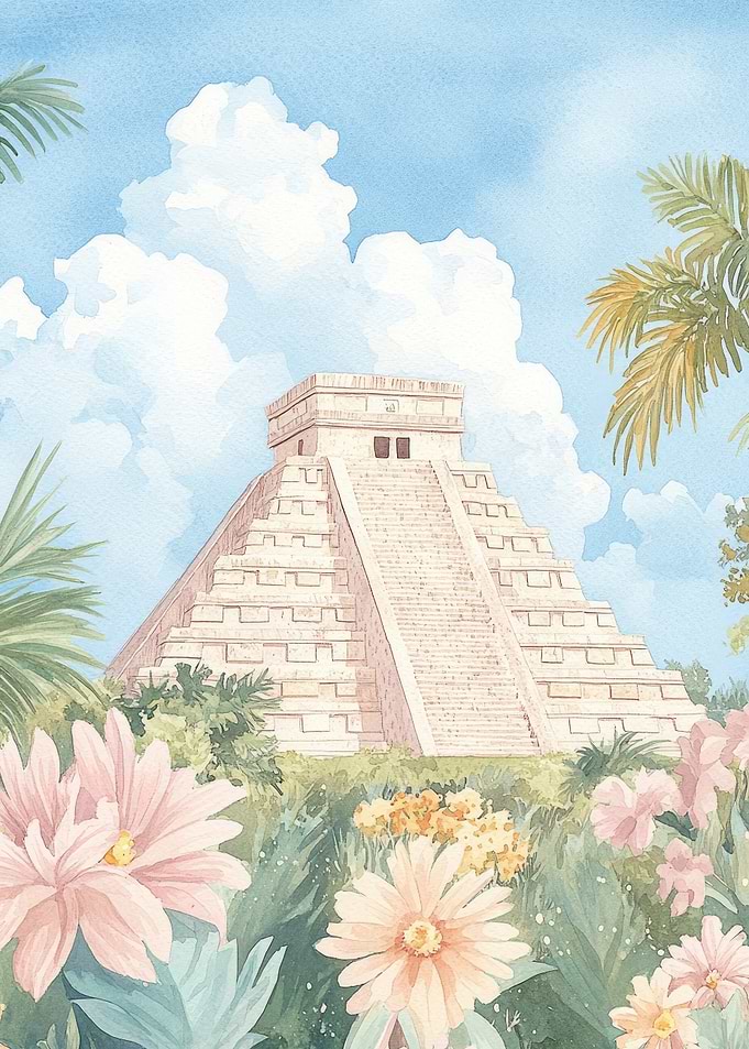 Mayan Pyramid Watercolor
