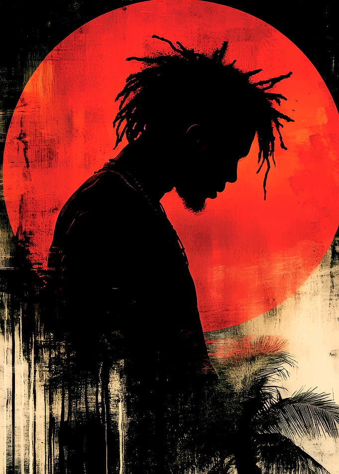 Silhouette Against Red Moon