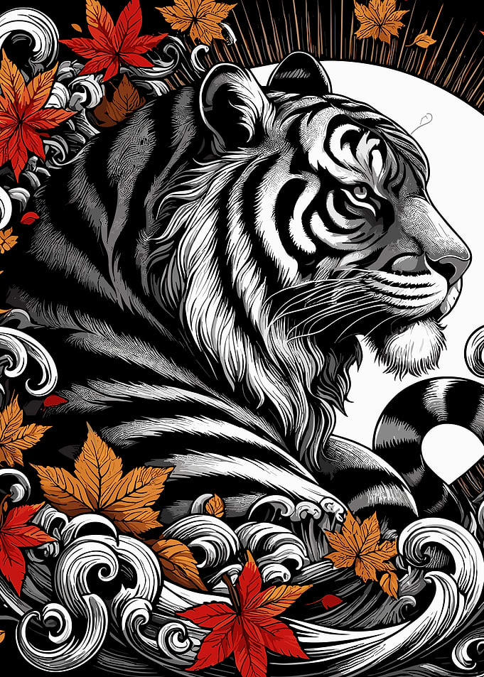 Tiger with Autumn Leaves
