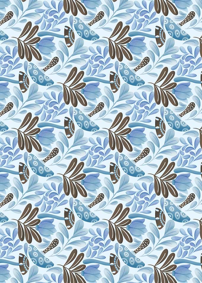 Folk Blue Floral and Mushroom