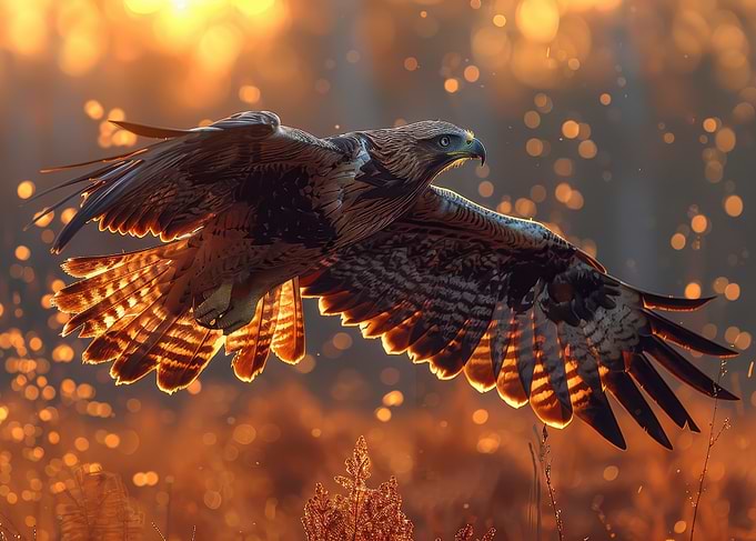 Hawk in Flight at Sunset