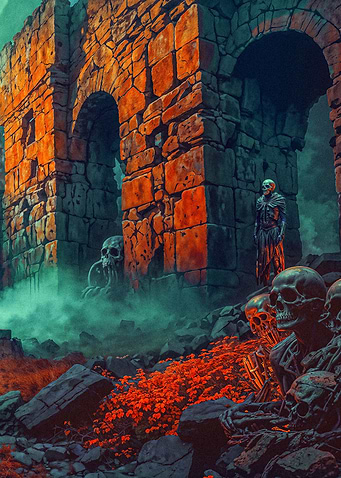 Temple in ruins guarded by skeletons