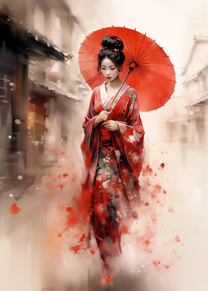 Lonely Geisha in Red Kimono