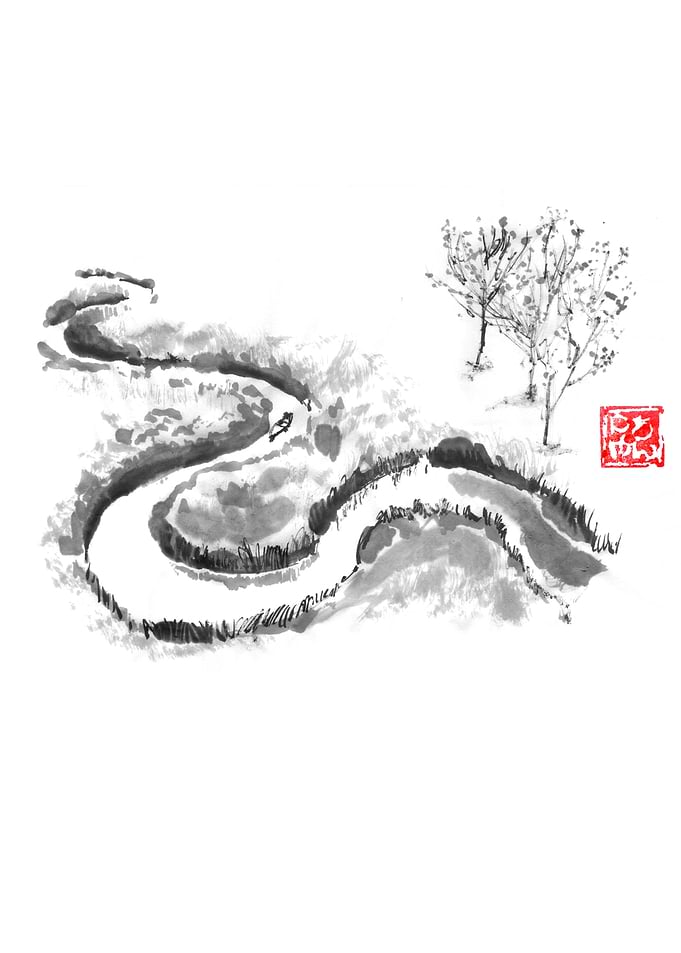 Ink Wash River Landscape