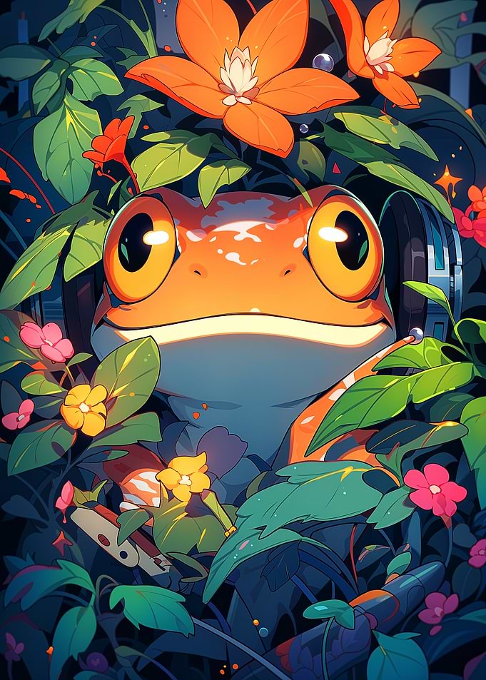 Frog with Headphones in Flowers
