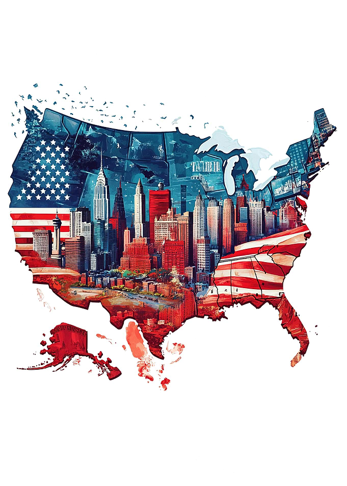 USA Map with Cityscape