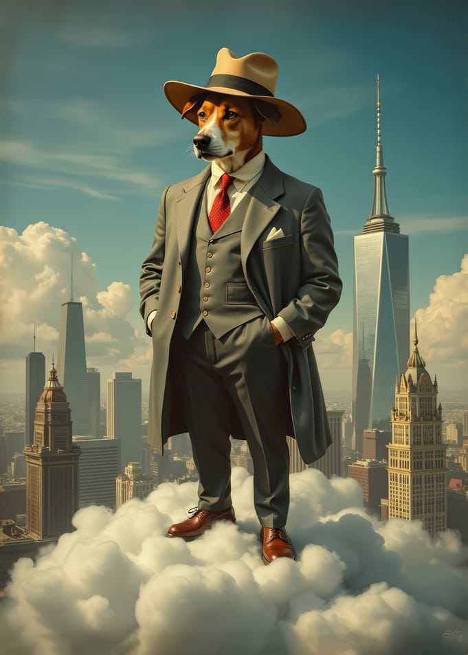 Dog in Suit on Clouds