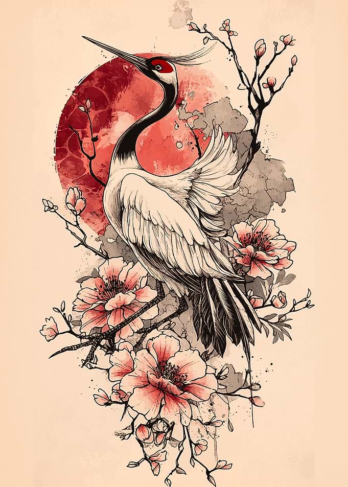 Japanese Crane with Flowers