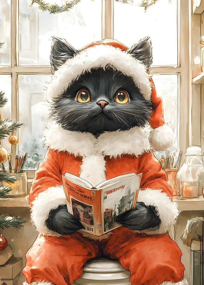 Cat in Santa Suit Reading