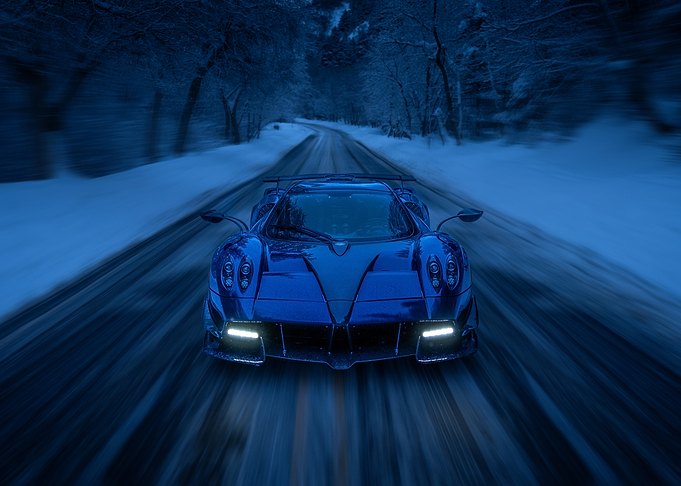 Blue Supercar in Snowy Forest