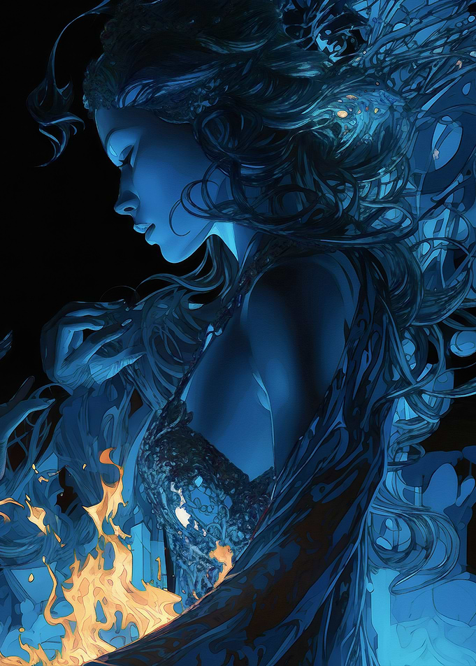 Blue-Haired Woman with Fire