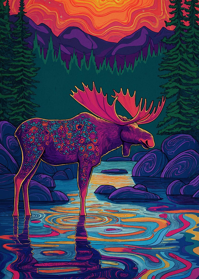Psychedelic Moose in Forest