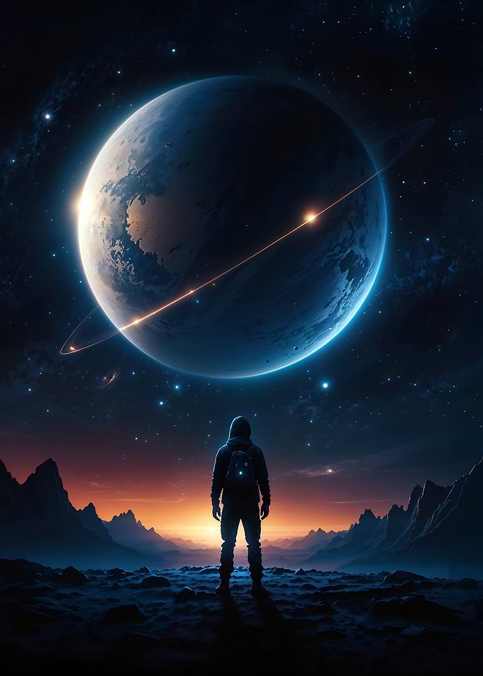 Cosmos Explorer blue planet with glowing ring