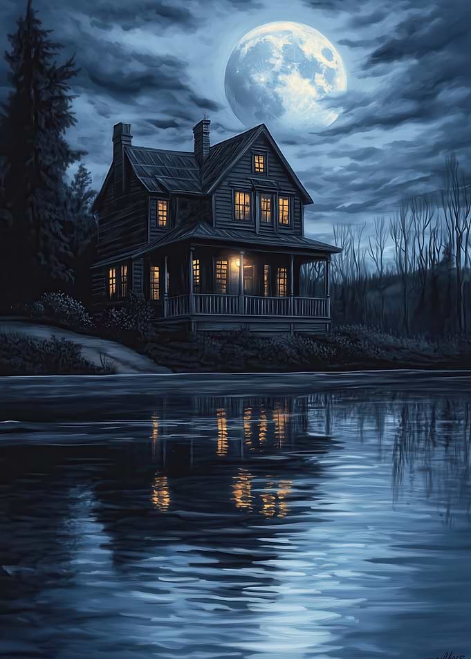 Moonlight House by the Lake
