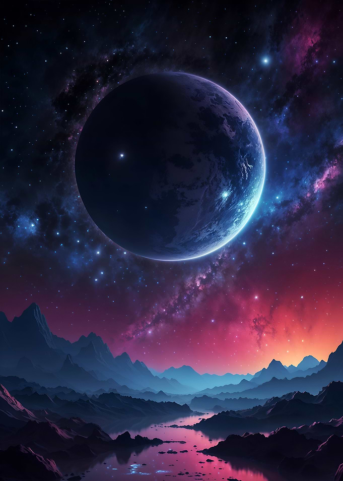 Frozen planet over colorful landscape