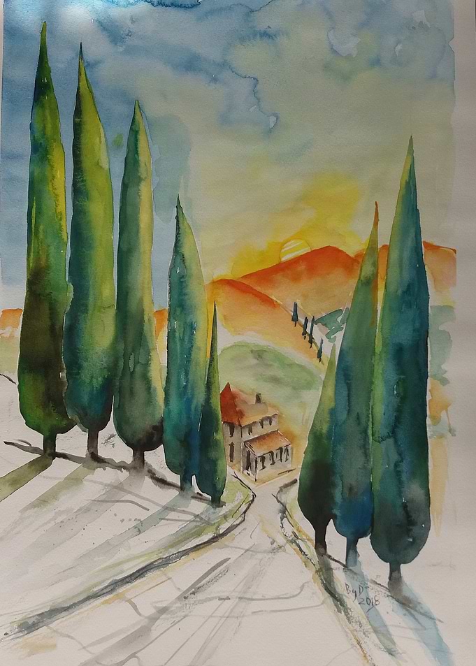 Tuscan Sunset Watercolor