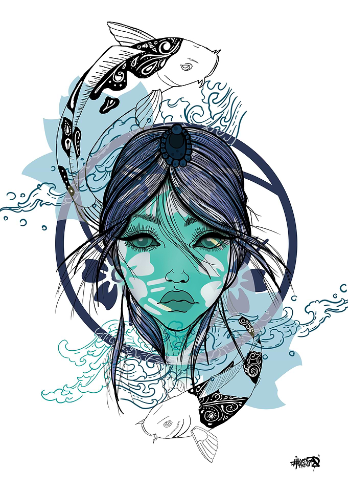 Koi Fish and Anime Woman