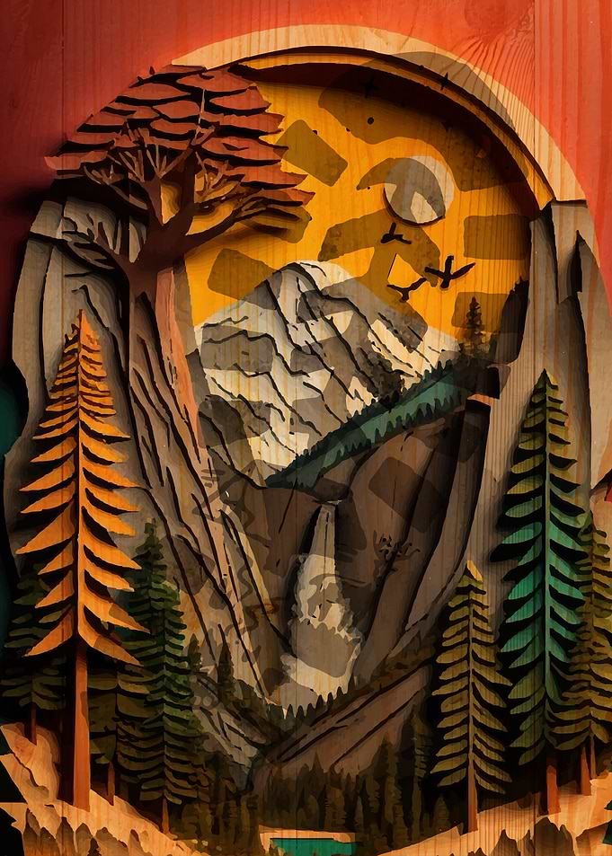 Woodcut Mountain Landscape