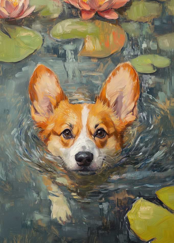 Corgi Swimming in Pond