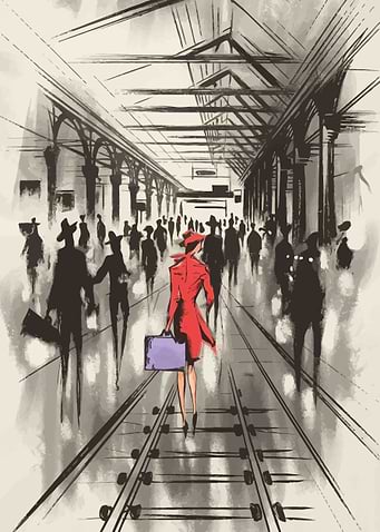 Woman in Red at Train Station