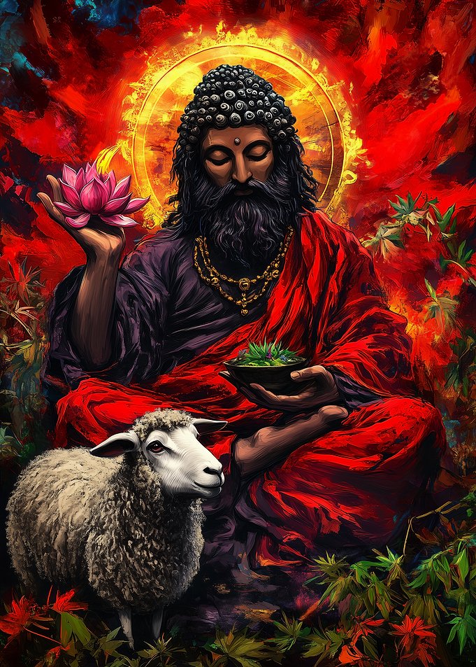 Spiritual Figure with Lotus and Sheep