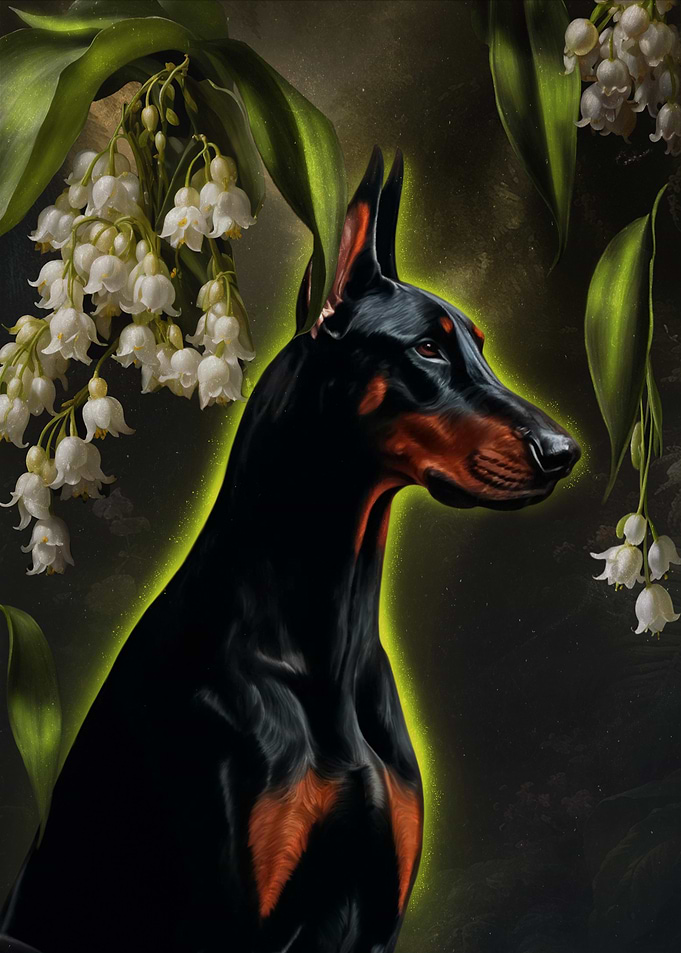 Doberman with Lily of the Valley