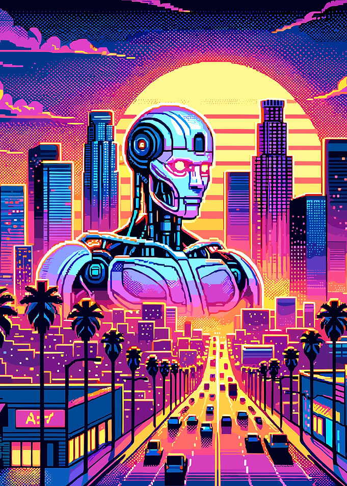 Cyberpunk Cityscape Cyborg Pixel Art