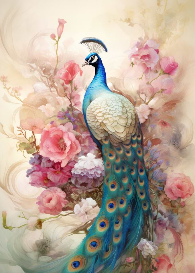 Peacock still life with flowers as a painting