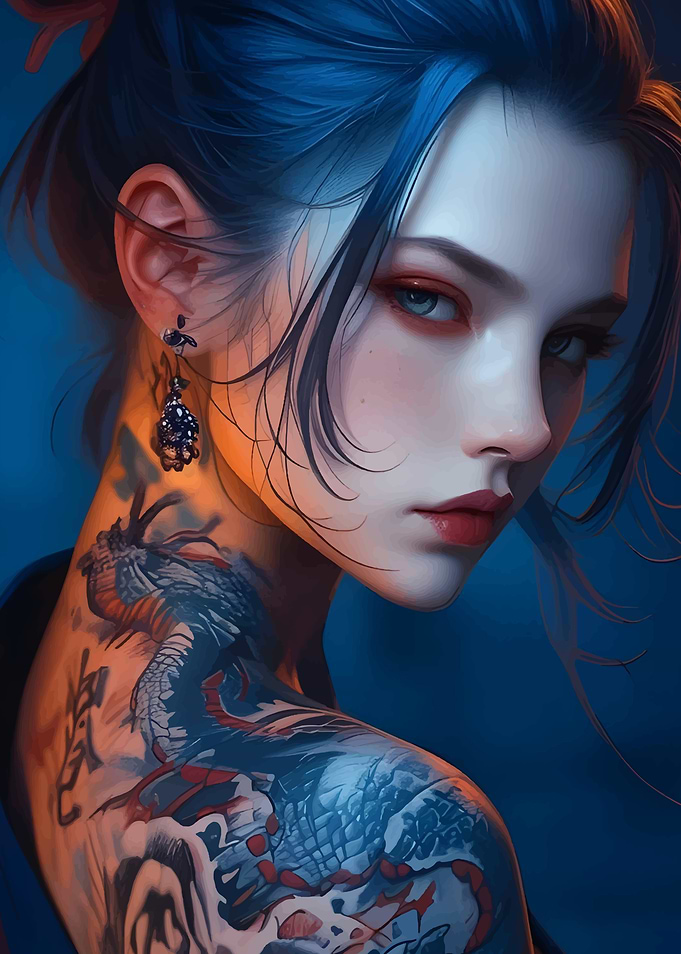 Blue-Haired Woman with Dragon Tattoo