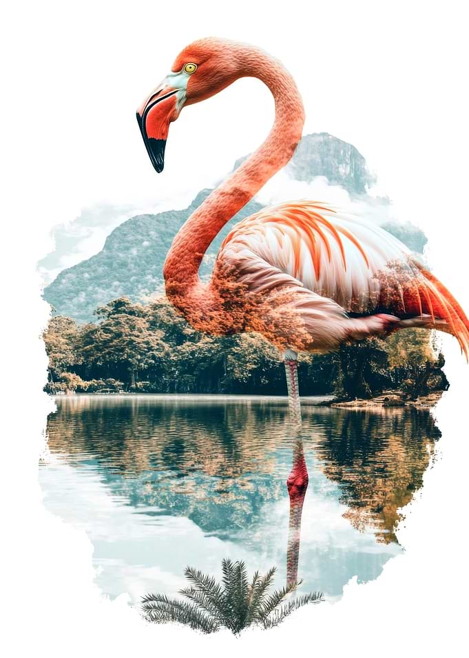Pink Flamingo in Tropical Landscape
