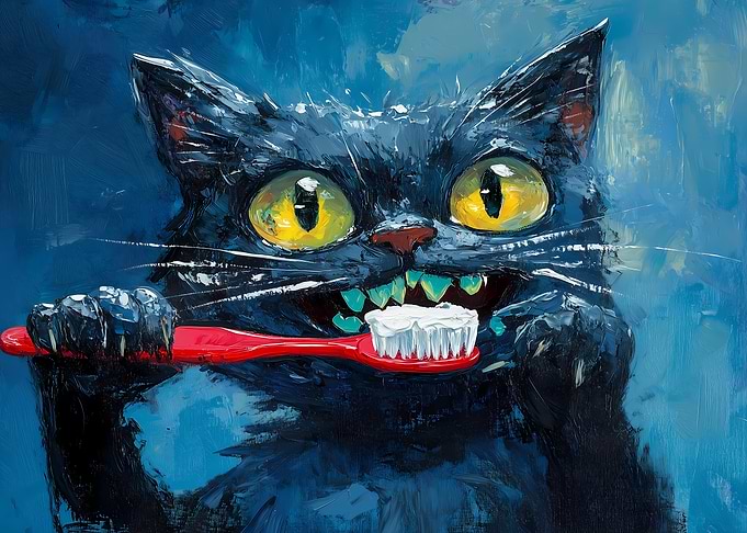 Black Cat Brushing Teeth