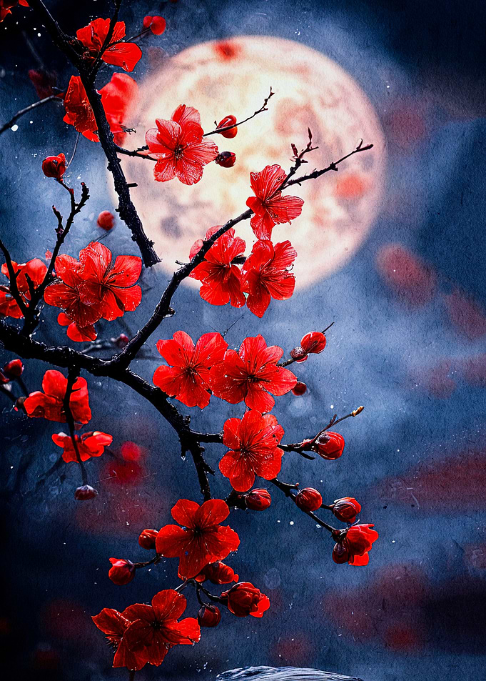 Red Blossoms Full Moon