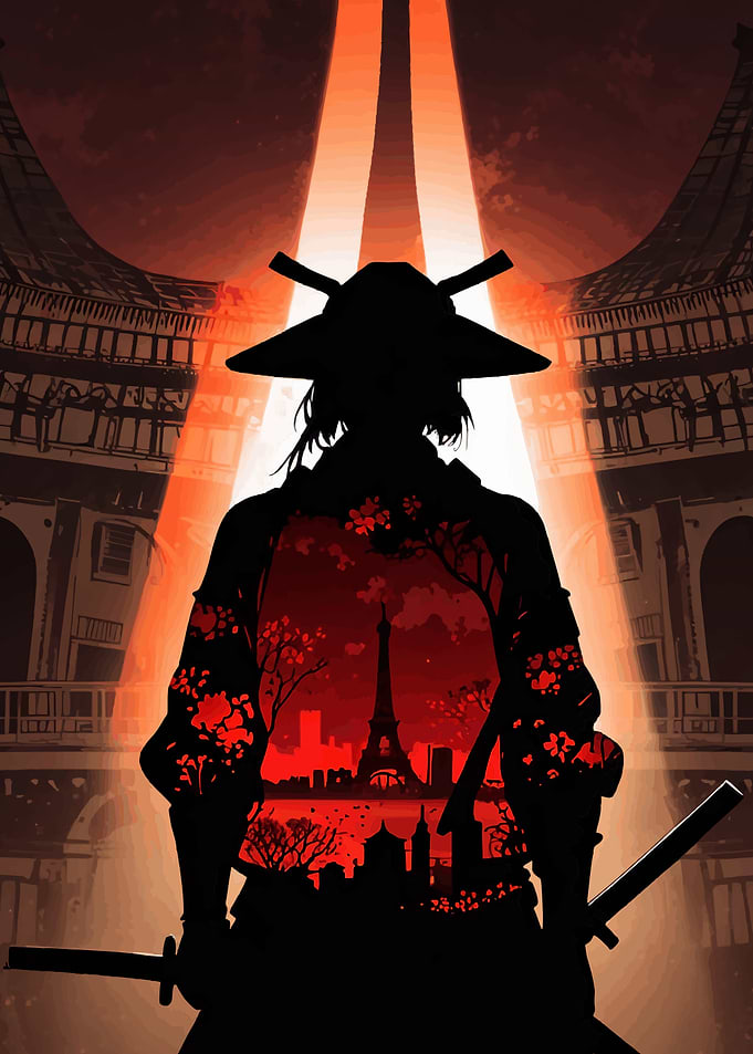 Samurai Silhouette with Paris Skyline
