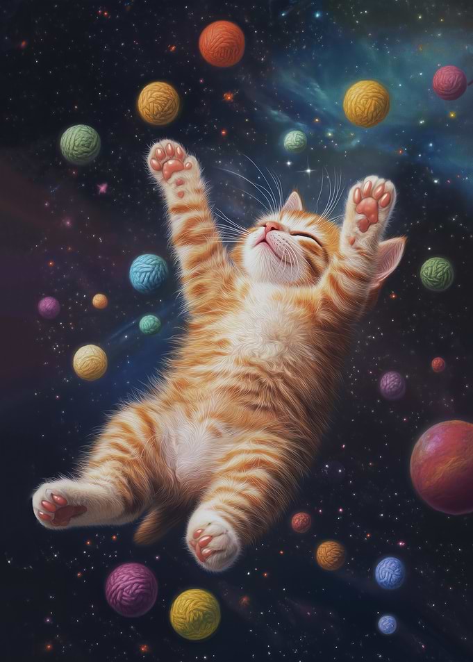 Cat in Space with Yarn Balls