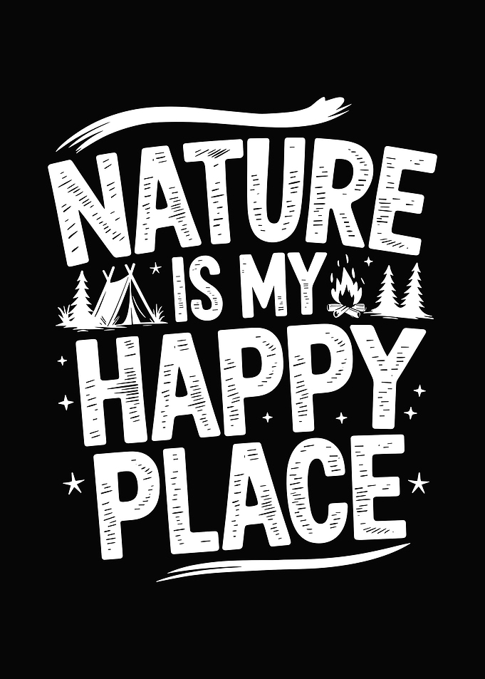 vintage distressed nature is my happy place trip camping outdoor camper camp tent, campfire and pine trees cute graphic cool design
