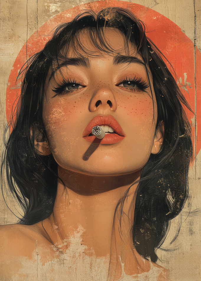 Hot Woman Smoking Cigarette Japanese Art Deco Style