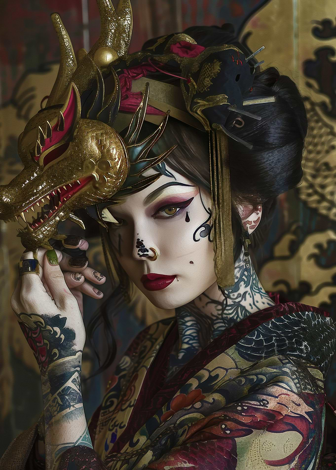 Japanese Geisha with Dragon Mask