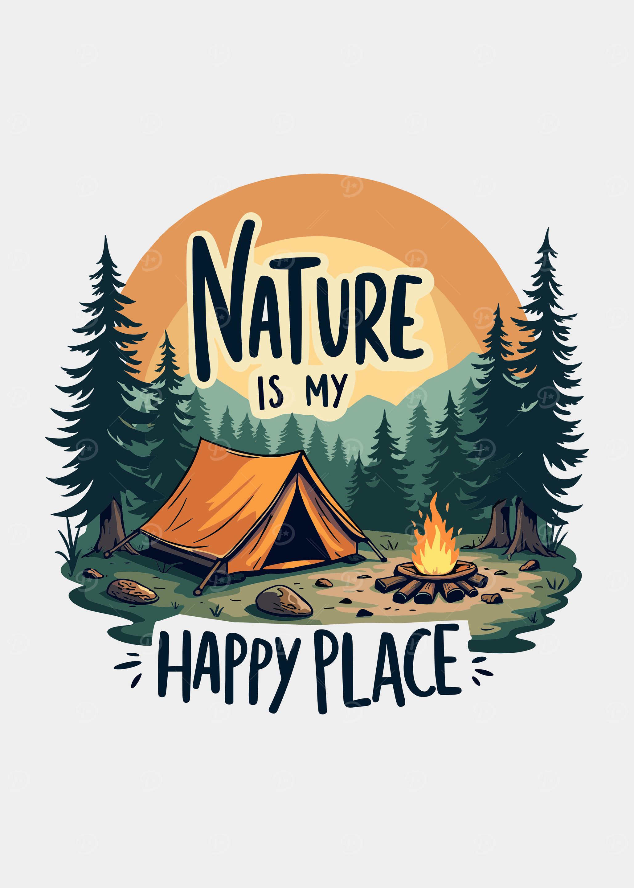 Sunset Nature is my happy place trip camping outdoor camper camp tent, campfire, and pine trees cute graphic cool design