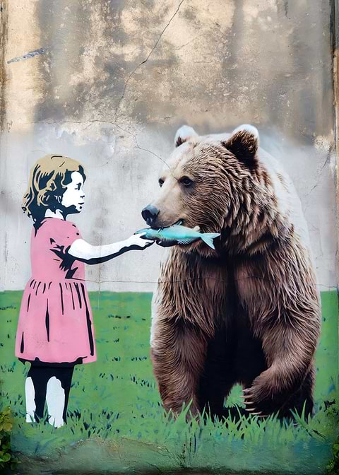 Girl and Bear Mural — living room metal wall art