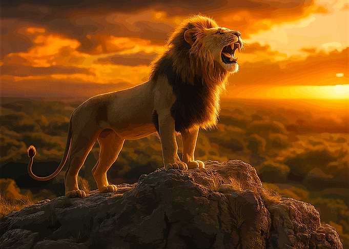 Lion Roaring at Sunset